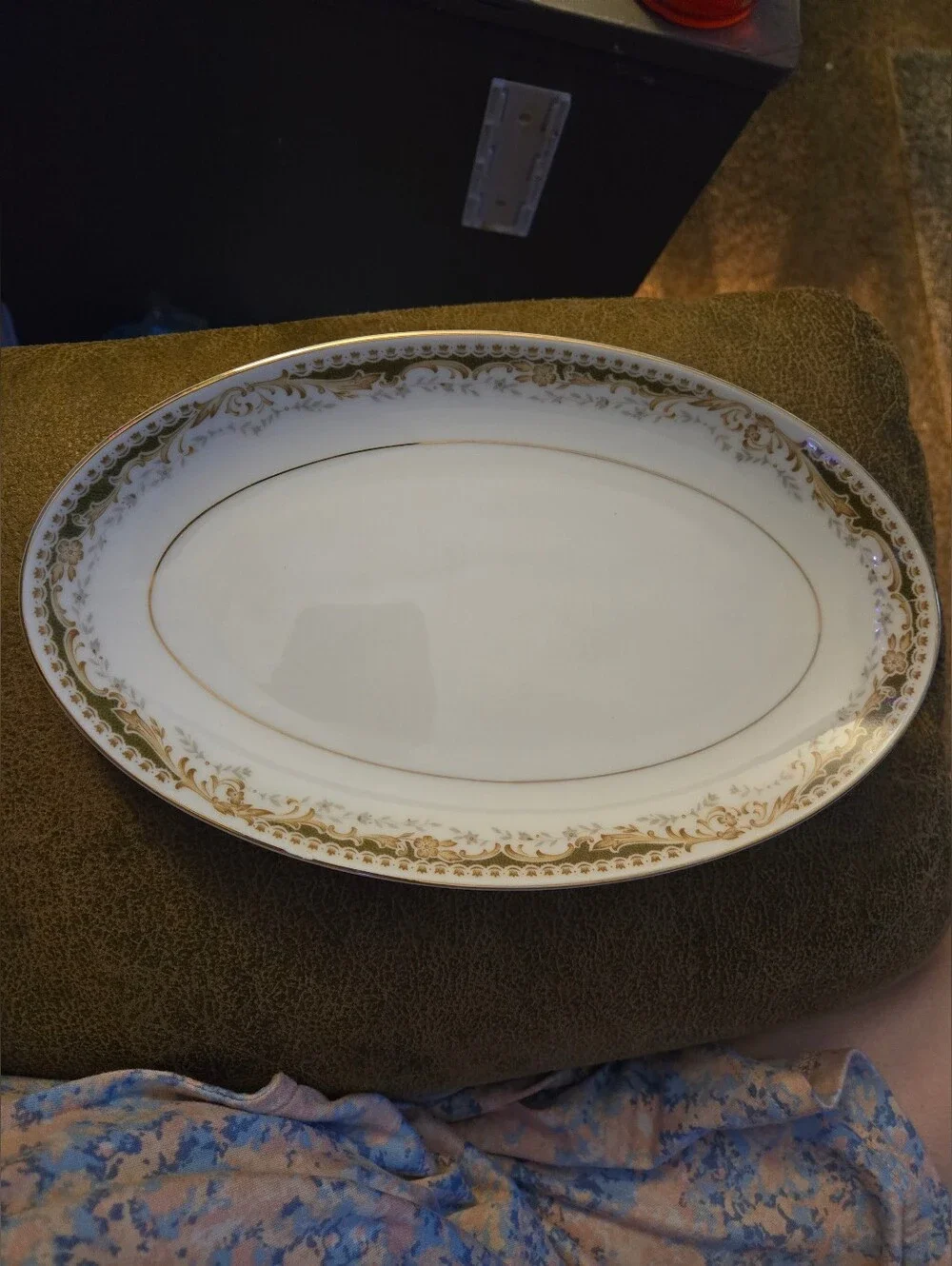 Queen Anne Signature Collection fine china oval platter featuring a green & gold